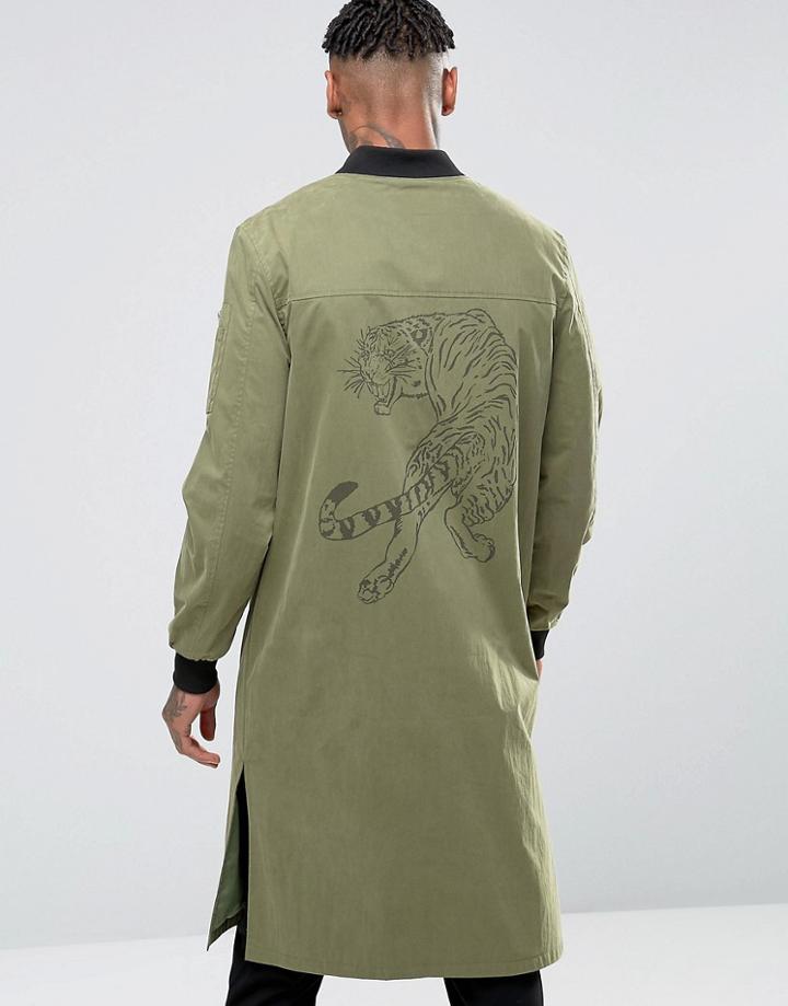 Asos Extreme Longline Bomber Jacket In Khaki With Tiger Print - Green