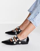 Asos Design Livia Faux Pearl Studded Ballets Flats In Black Crinkle Patent