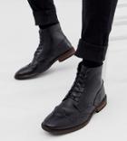 Asos Design Wide Fit Brogue Boots In Black Leather With Natural Sole - Black