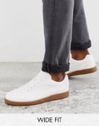 Asos Design Wide Fit Lace Up Sneakers In White Faux Suede With Gum Sole