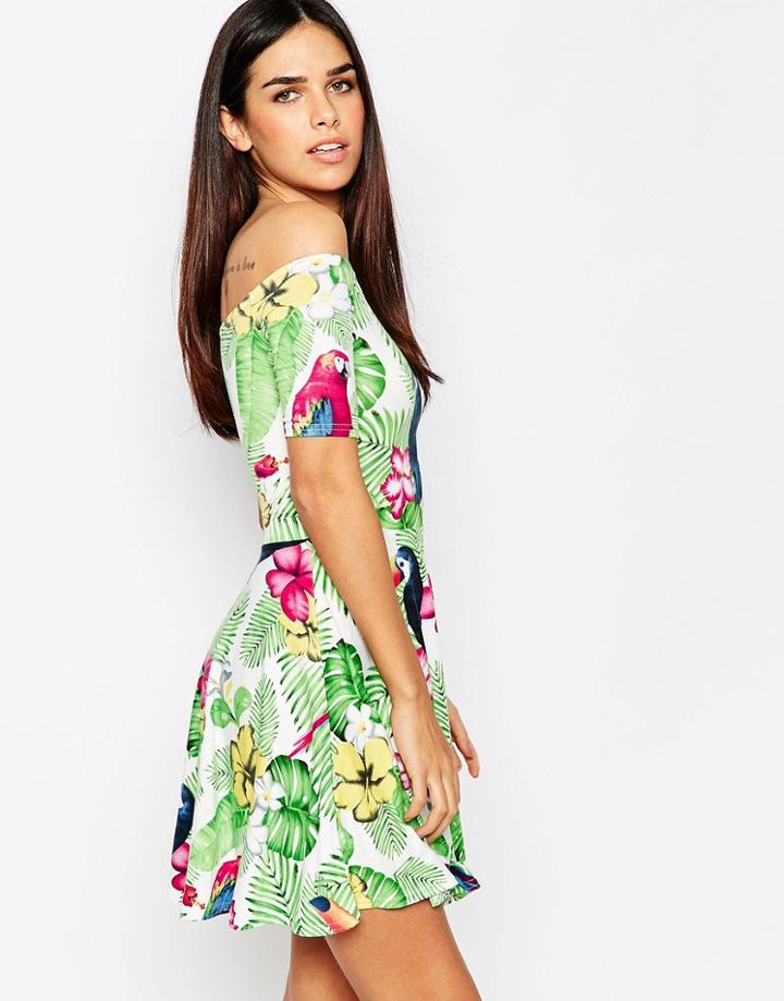 Club L Bardot Skater Dress In Tropical Print - New Parrott Print