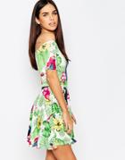 Club L Bardot Skater Dress In Tropical Print - New Parrott Print