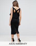 Asos Matenrity Ruffle Top Square Neck Midi Dress With Cross Back And Cold Shoulder - Black