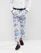Asos Wedding Skinny Suit Pants In Blue And White Cotton Floral Print - Blue