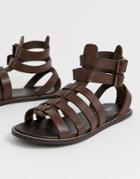 Asos Design Gladiator Sandals In Brown Leather - Brown