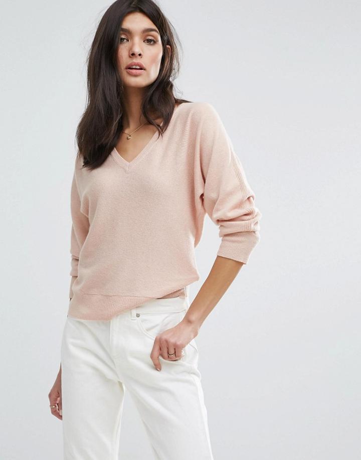 Jaeger Wool Cashmere V Neck Batwing Sweater - Pink