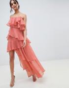 Asos Design Bandeau Maxi Dress With Tiered Ruffles In Crinkle Chiffon - Pink