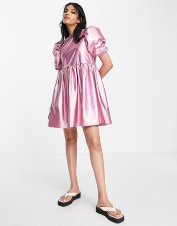 Annorlunda Holographic Puff Sleeve Mini Dress In Baby Pink