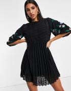 Asos Design Button Front Embroidered Pleated Dobby Mini Smock Dress In Black
