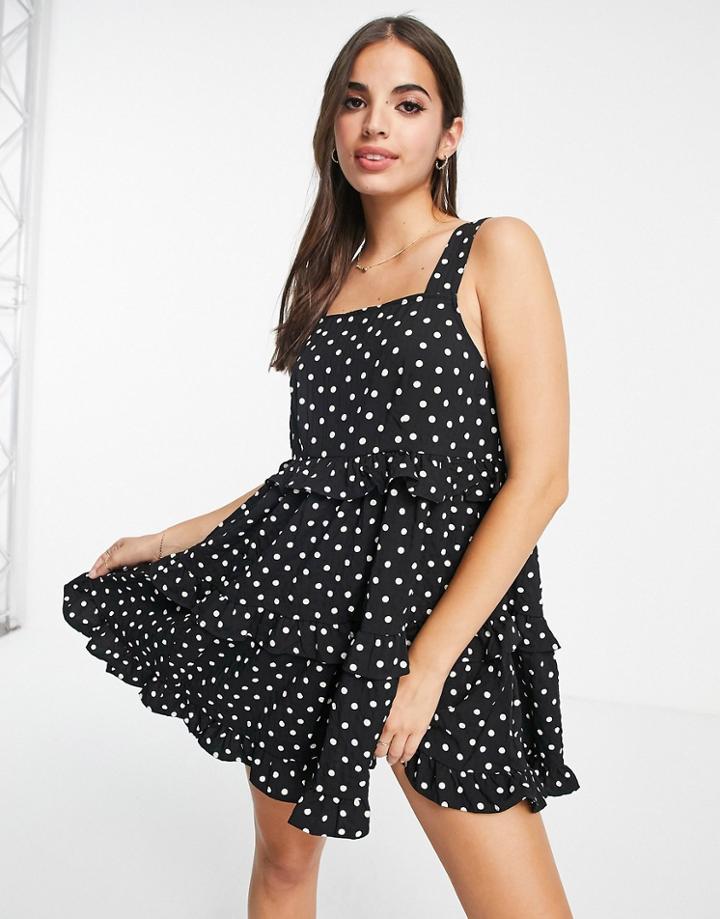 Asos Design Textured Ruffle Swing Mini Sundress With Tie Straps In Mono Spot Print-multi