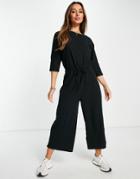 Asos Design Lounge Jersey Slub Tie Waist Casual Jumpsuit In Black