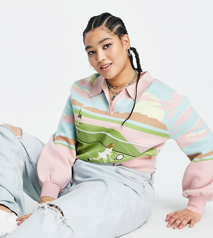 Reclaimed Vintage Inspired Plus Polo Sweater With Tennis Print-multi