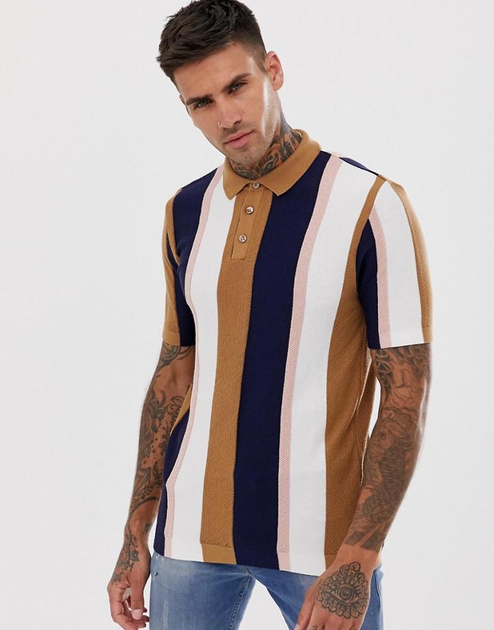 River Island Striped Polo In Camel-tan