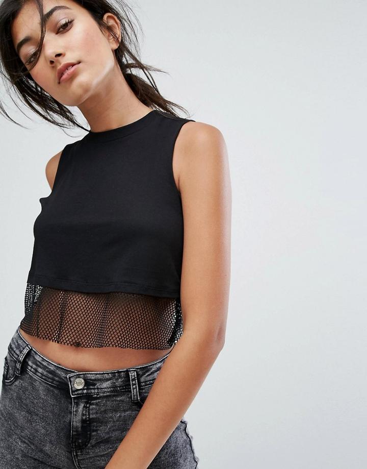 Bershka Mesh Detail Crop Top - Black