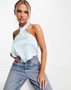 Asos Design Halter Cami With Hanky Hem In Baby Blue Satin