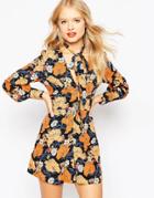 Asos Woven Romper In Retro Floral Print With Pussybow - Multi