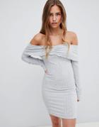 Prettylittlething Bardot Ribbed Mini Dress - Gray