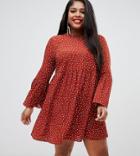 Asos Design Curve Fluted Sleeve Smock Mini Dress In Polka Dot - Multi