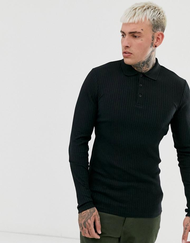 Asos Design Muscle Fit Long Sleeve Polo In Rib In Black