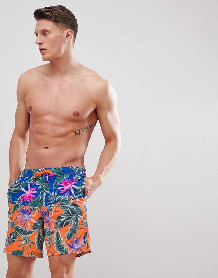 Asos Design Swim Shorts With Cut And Sew Floral Print In Mid Length - Blue