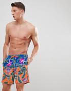 Asos Design Swim Shorts With Cut And Sew Floral Print In Mid Length - Blue
