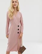 Asos Design Wrap Front Midi Dress With Button Detail-pink