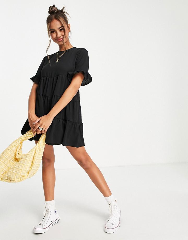 Asos Design Bubble Crepe Short Sleeve Tiered Smock Romper In Black