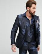 Rudie Navy Floral Print Skinny Fit Suit Jacket - Navy