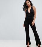 Asos Petite Jersey Jumpsuit With Halter Neck And Plunge Detail - Black