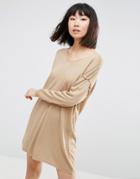 Asos Knitted Dress With V Neck In Swing Shape - Beige