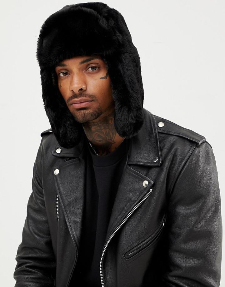 Asos Design Faux Fur Trapper Hat In Black - Black