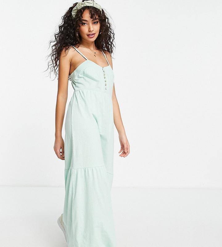 Asos Design Petite Tiered Cami Maxi Dress With Faux Shell Buttons In Pale Green
