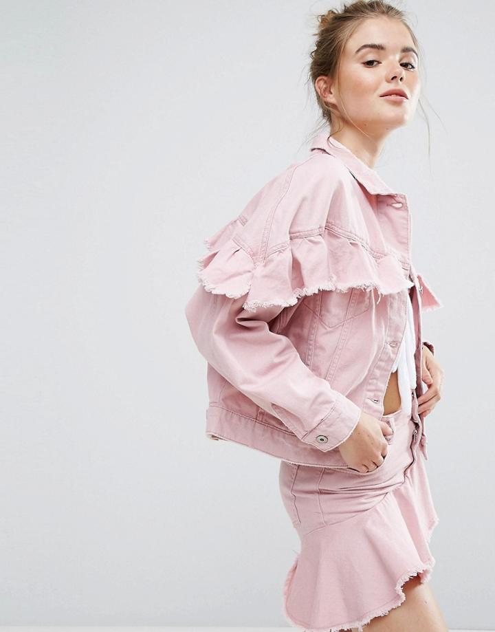 Pull & Bear Pink Denim Frill Jacket - Pink