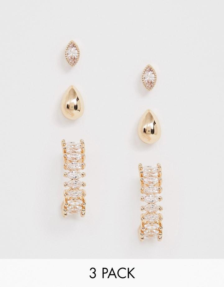 Asos Design Pack Of 3 Earrings With Cubic Zirconia Hoops And Stud In Gold Tone - Gold