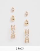 Asos Design Pack Of 3 Earrings With Cubic Zirconia Hoops And Stud In Gold Tone - Gold