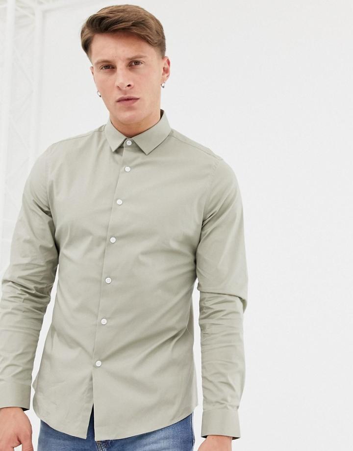 Asos Design Slim Shirt In Light Green - Green