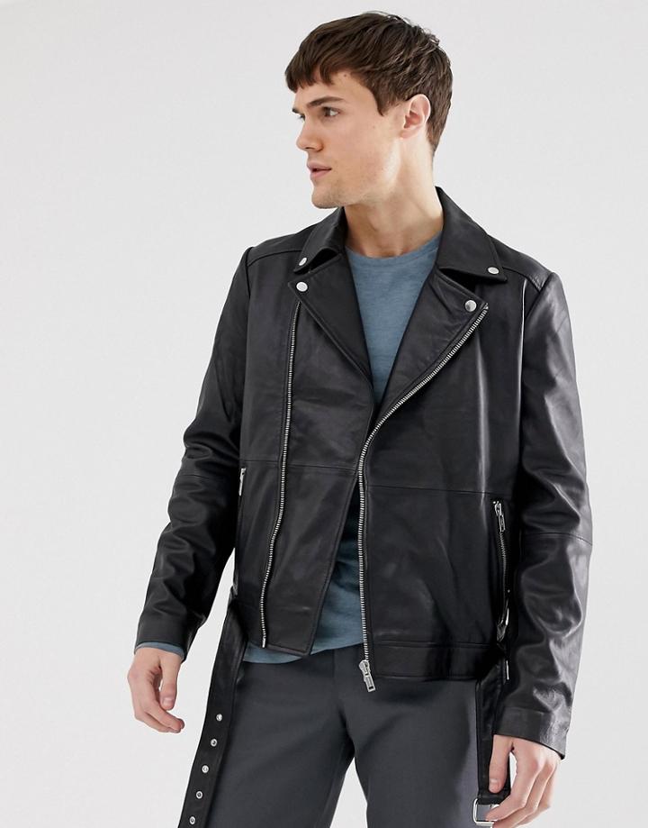 Barney's Originals Real Leather Zipped Biker Jacket With Belt - Black