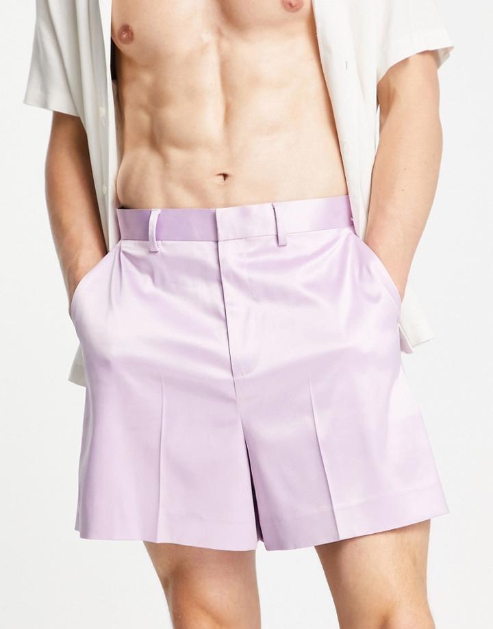 Asos Design Cropped Bermuda Smart Shorts In Oil Purple Satin