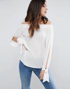 Asos Off Shoulder Top With Split Sleeve & Tie Cuff - White