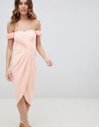 Asos Design 3d Flower Cuff Wrap Midi Bodycon Dress - Pink