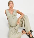 Asos Design Maternity Button Front Lace Trim Swing Jumpsuit In Khaki-green