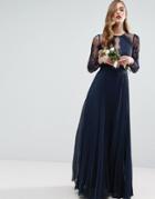 Asos Wedding Pretty Lace Eyelash Pleated Maxi Dress - Navy