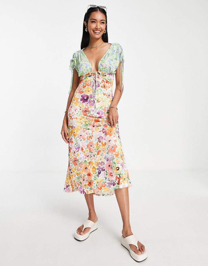 Asos Design Short Sleeve Tie Detail Midi Tea Dress In Mix Match Floral-multi