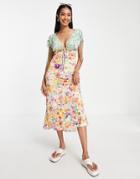 Asos Design Short Sleeve Tie Detail Midi Tea Dress In Mix Match Floral-multi