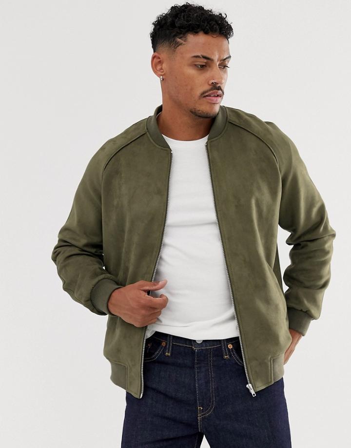 Asos Design Faux Suede Bomber Jacket In Khaki-green