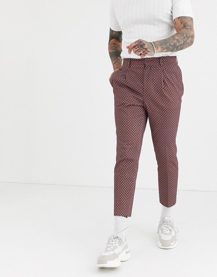Asos Design Tapered Crop Smart Pants In Cotton Ditsy Floral Print In Burgundy - Red