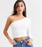 Asos Design Tall One Shoulder Long Sleeve Crop T-shirt With Lettuce Hem In White