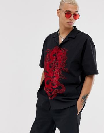 Jaded London Two-piece Revere Collar Shirt With Dragon Print In Black - Black