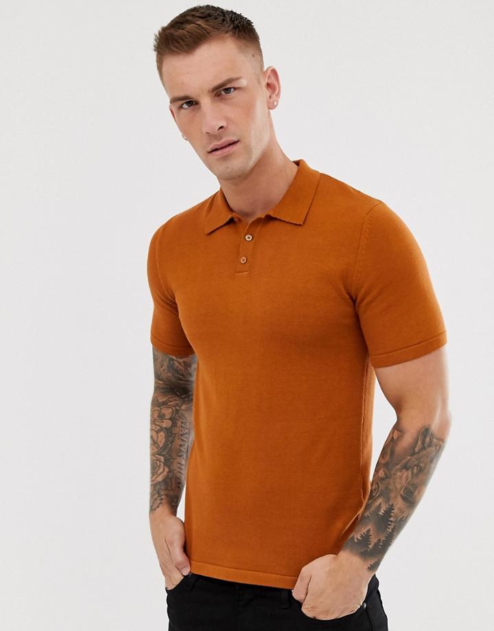 Asos Design Knitted Polo Shirt In Tan - Tan