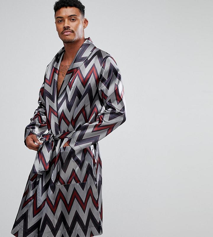 Asos Satin Shawl Robe With Chevron Print - Navy